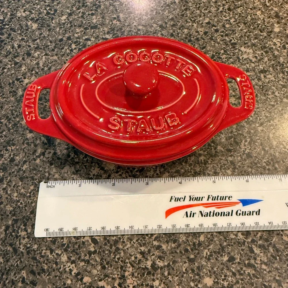 Staub Mini Cocotte Ceramic Oval Cherry Red Individual Casserole Dish Lid France
